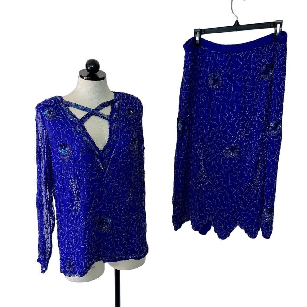 IKOHE Vintage Womens Top And Skirt Set Size XL Royal Blue Purple Beaded Sequins